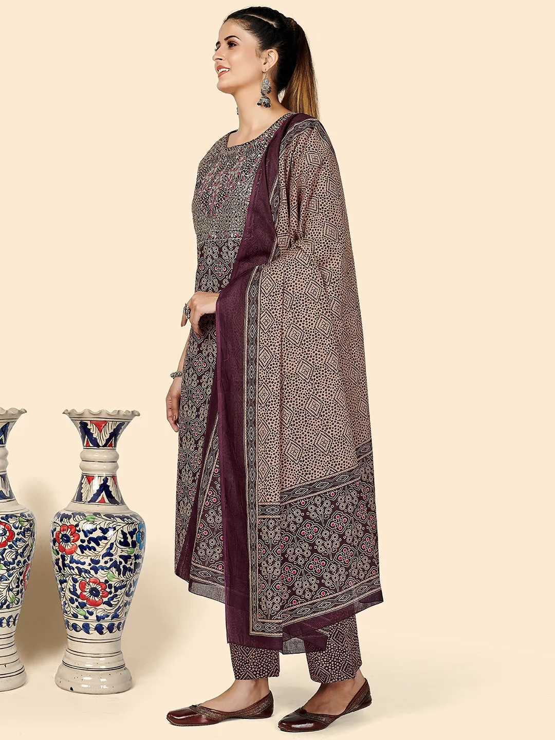 Women'S Embroidered & Sequience Work Straight Cotton Purple Stitched Kurta Pant With Dupatta