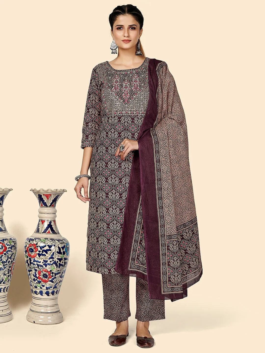 Women'S Embroidered & Sequience Work Straight Cotton Purple Stitched Kurta Pant With Dupatta