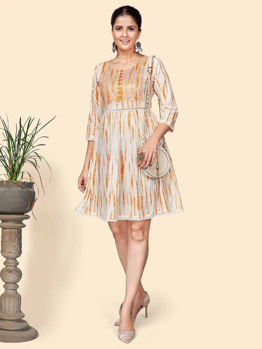 Women'S Print & Sequience Flared Cotton Orange Stitched Dress